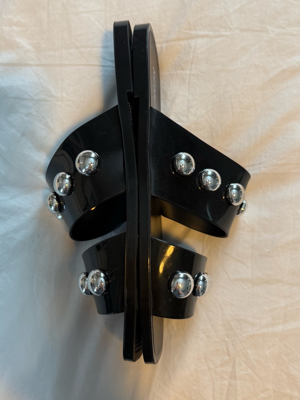 SCHUTZ Black Double-Strap Slide Sandals with Silver Studs - Picture 4 of 5